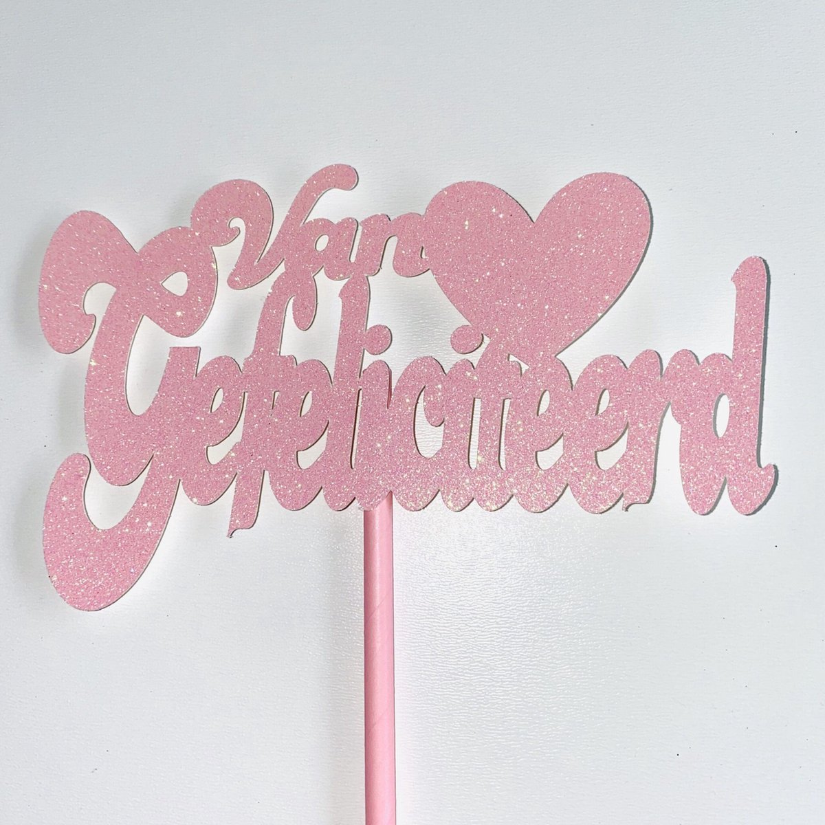 Taarttopper| Cake topper |Gefeliciteerd| Verjaardag| Hart |Licht roze glitter|16 cm| karton